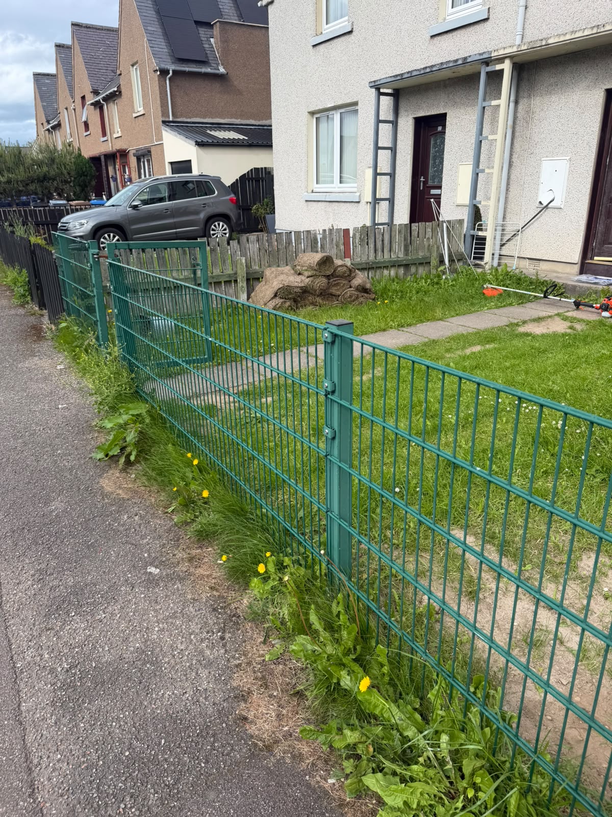 Overgrown front lawn cut back, before